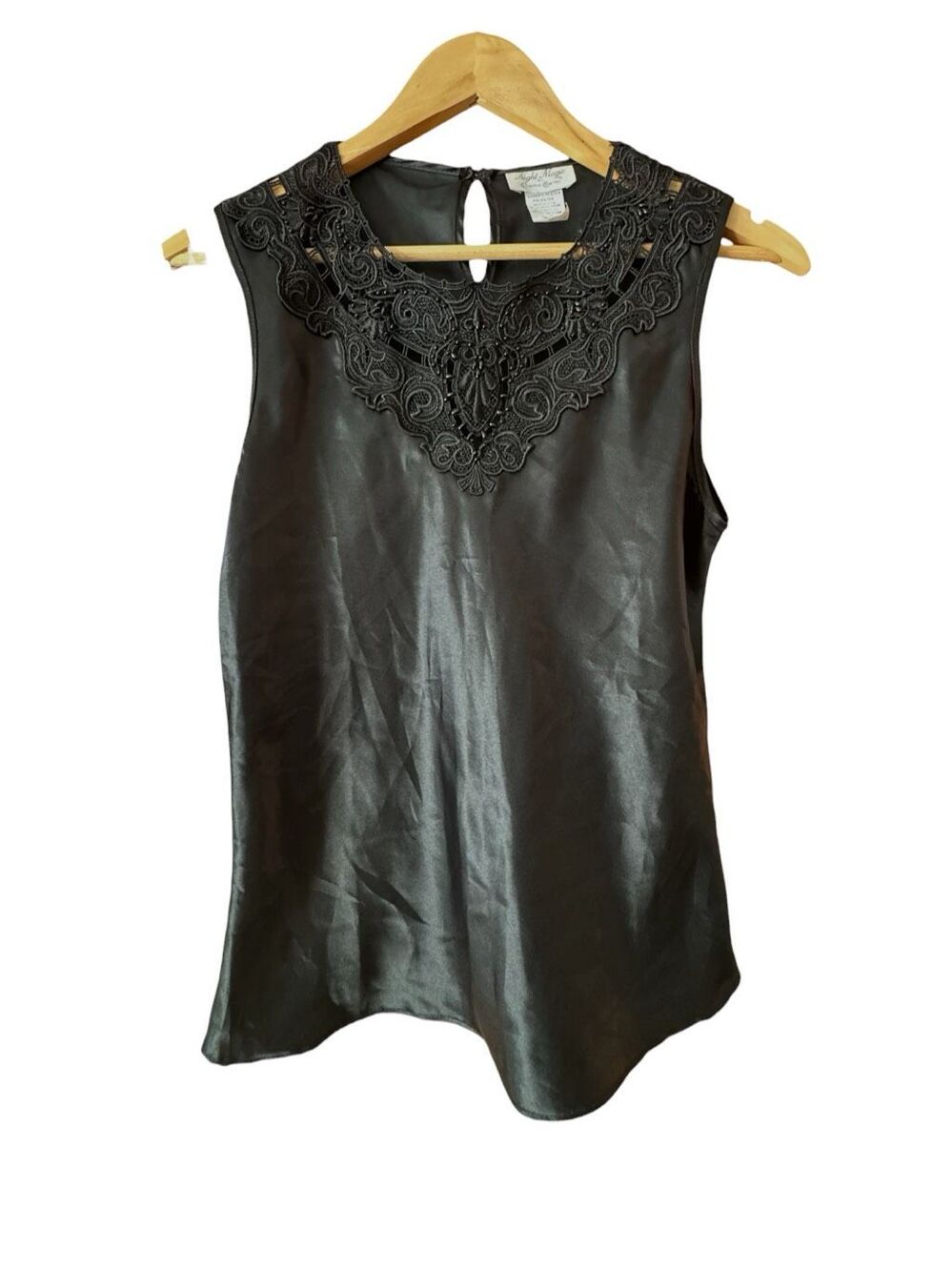 NIGHT MAGIC BY CINEMA ETOILE Vintage 90s Black Satin Sleeveless Lace Beaded Top